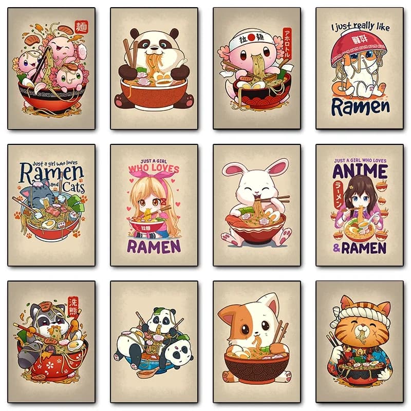 Anime Ramen Poster Axolotls Shiba Inu Dog Cat Really Likes Canvas printing Lamian Noodles shop Wall Art decor frameless painting