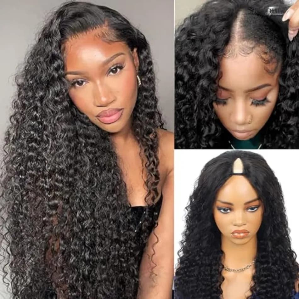 V Part Wig Human Hair Curly Wave 30 inches Upgrade Glueless U Part Human Hair Wig No Leave Out No Sew In V Shape Half Wig For Women Natural Black Color Beginner Friendly
