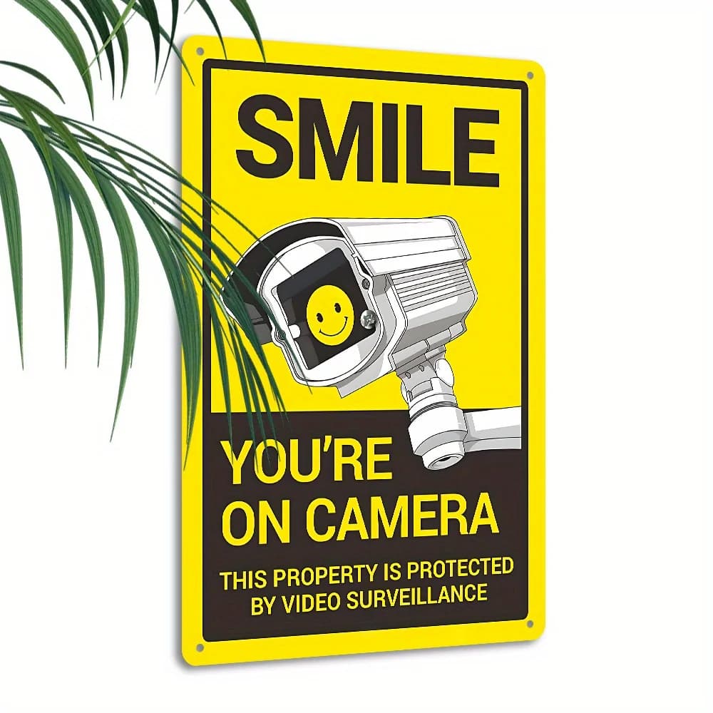 Targa in Metallo Vintage 2D, Insegna 'Smile You're on Camera', Avviso di Videosorveglianza per Porta d'Ingresso, Atrio, Ingresso Appartamento