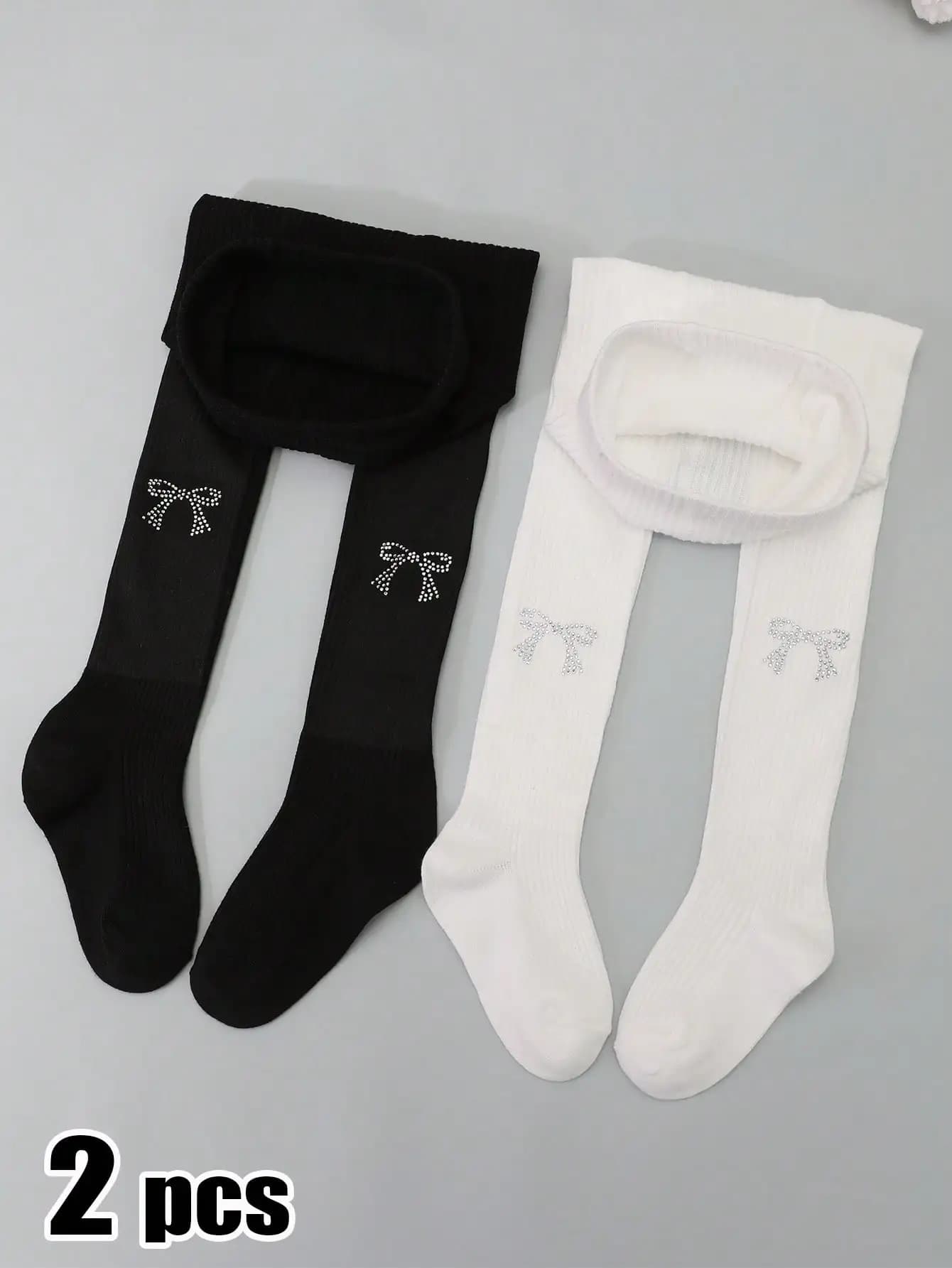 2 Pezzi Collant per Bambine con Fiocco e Strass, Collant a Costine in Nylon Spandex Anti-Strappo, Leggings Morbidi ed Elastici per Bambini 0-11 Anni