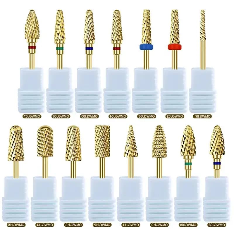 Frese per unghie in carburo di tungsteno dorato, punte coniche di sicurezza per gel UV, strumenti per manicure per rimuovere lo smalto
