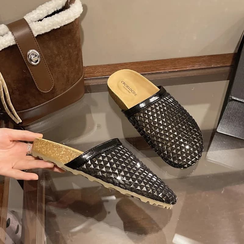 Ciabatte Baotou con plateau da donna, Nuove Estate 2026, modello slip-on con rete a maglia larga e strass, fresche e comode