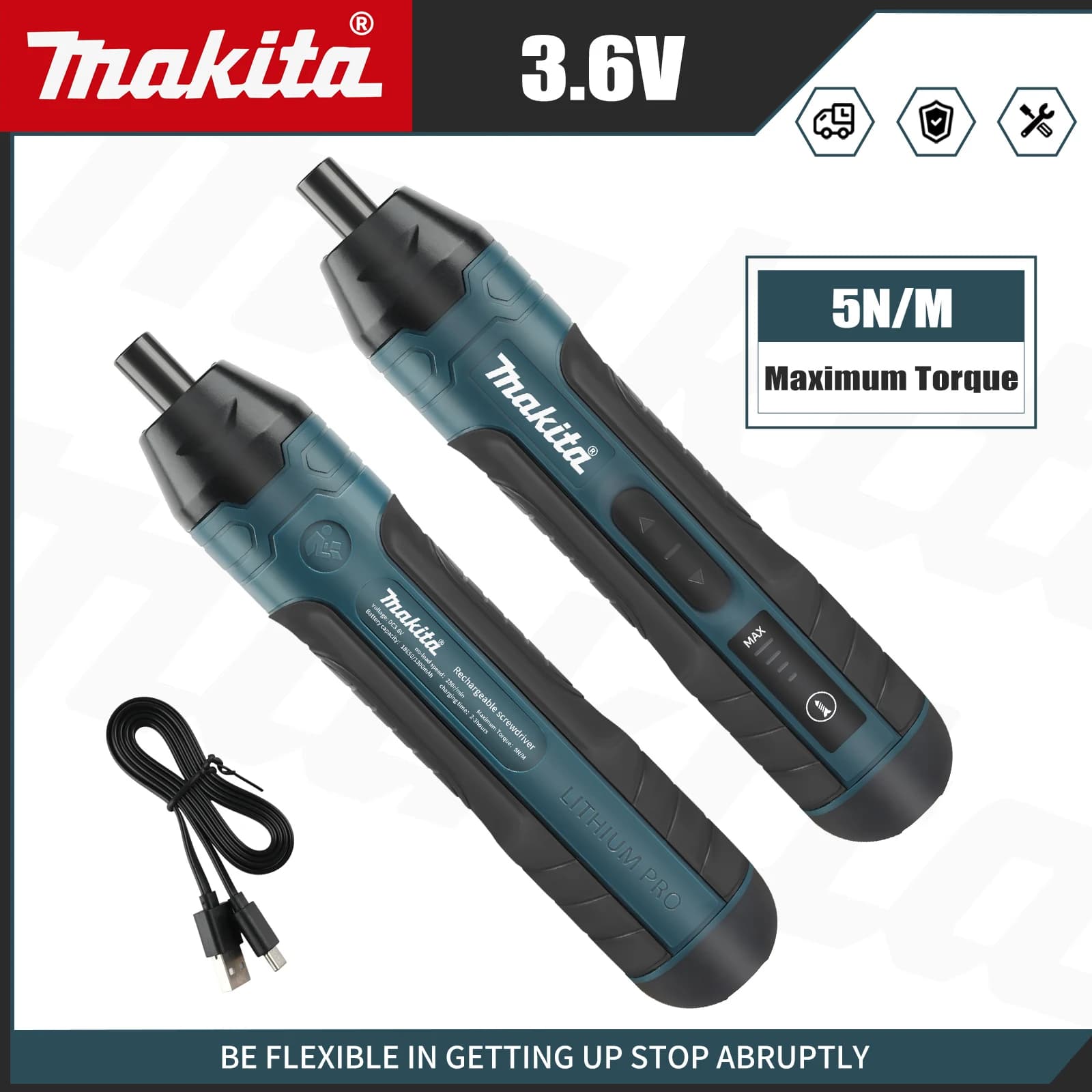 Electric battery screwdriver Makita | Pair 3.6 V 5 Nm | 1/4" spindle. | 1300 mAh lithium ion battery
