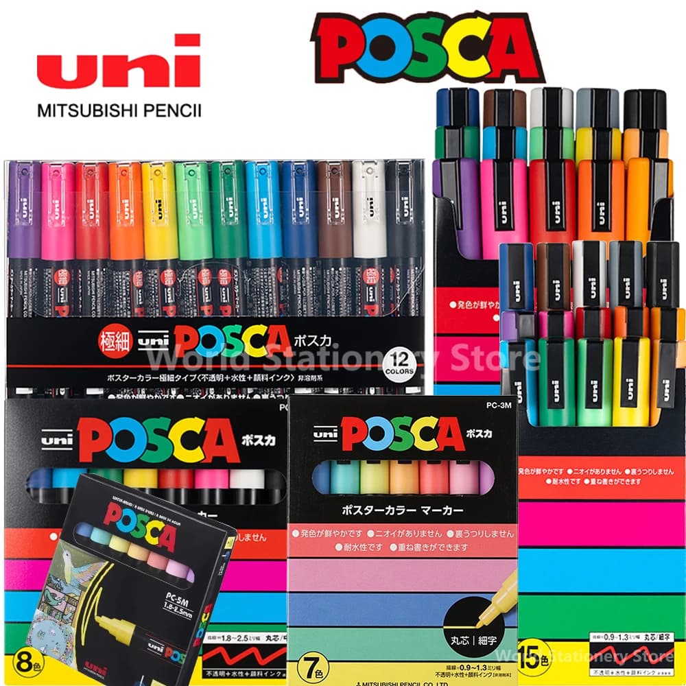 UNI Posca Markers Marcadores PC-1/3/5M Acrylic Permanent Graffiti Pen Art Supplies For Rock Metal Leather Ceramic Glass Plastic