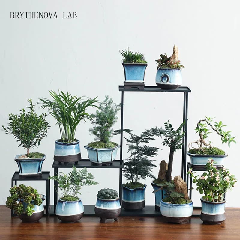Ceramic Flowerpot Tianmu Glaze Blue Bonsai Pot Only Vase Plant Without Breathable Container for Office Balcony Garden Home Decor