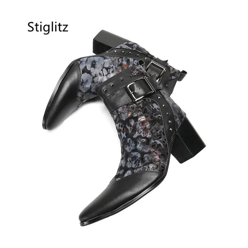 Belt Buckle Print High Heels Ankle Boots for Men Retro Pointed Toe Genuine Leather Men's Shoes Zip Rivet Graffiti Chelsea Boots