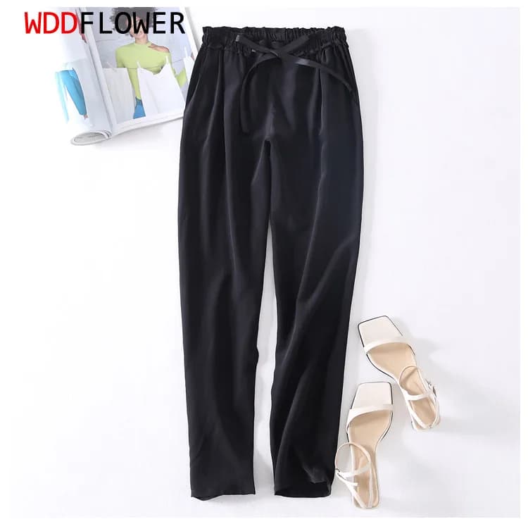 Pantaloni lunghi da donna con cintura in pura seta 100% pantaloni con tasche colore nero JN439