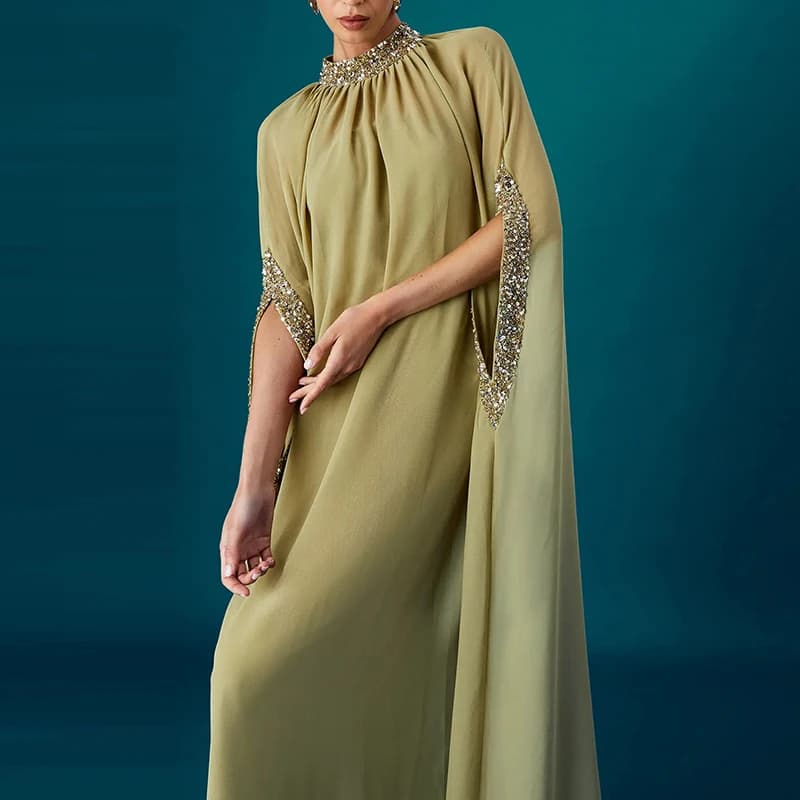 Elegant O-Neck Bat Sleeve Gown Robe Dress Fashion Sequin Splicing Luxury Chiffon Dress Lady Casual Draped Solid Loose Long Dress