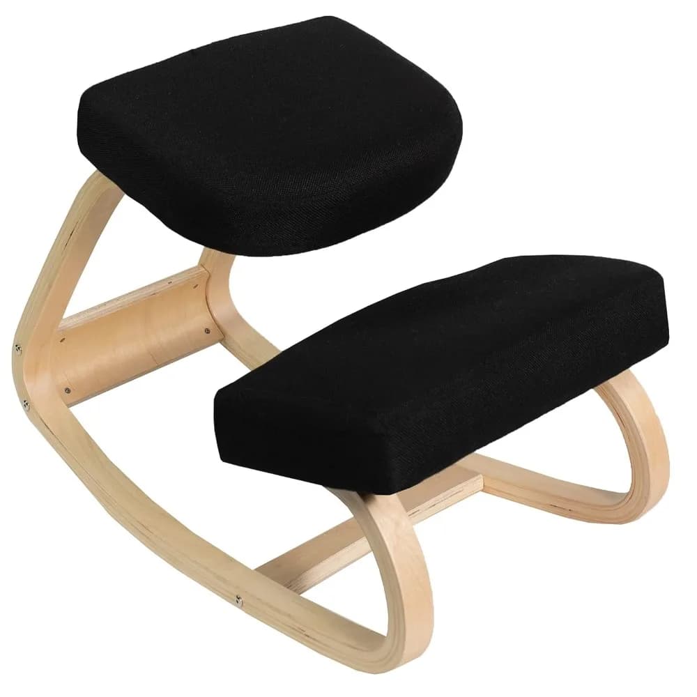 Sedia a dondolo ergonomica in legno, sgabello per ufficio e casa, seduta per una postura corretta, cuscini neri spessi, struttura in legno chiaro, personalizzabile