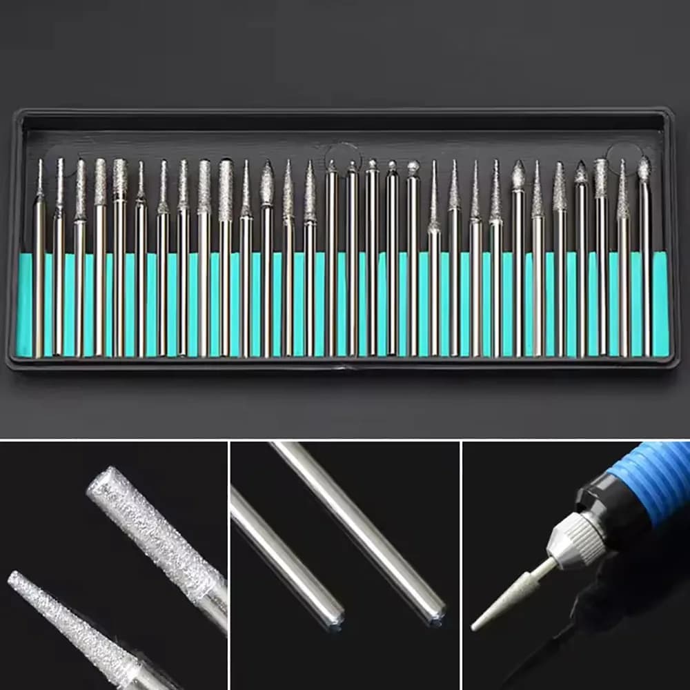 30 pz 3/2.35mm gambo frese diamantate set aghi diamantati utensili manuali per incisione vetro ceramica lucidatura levigatura