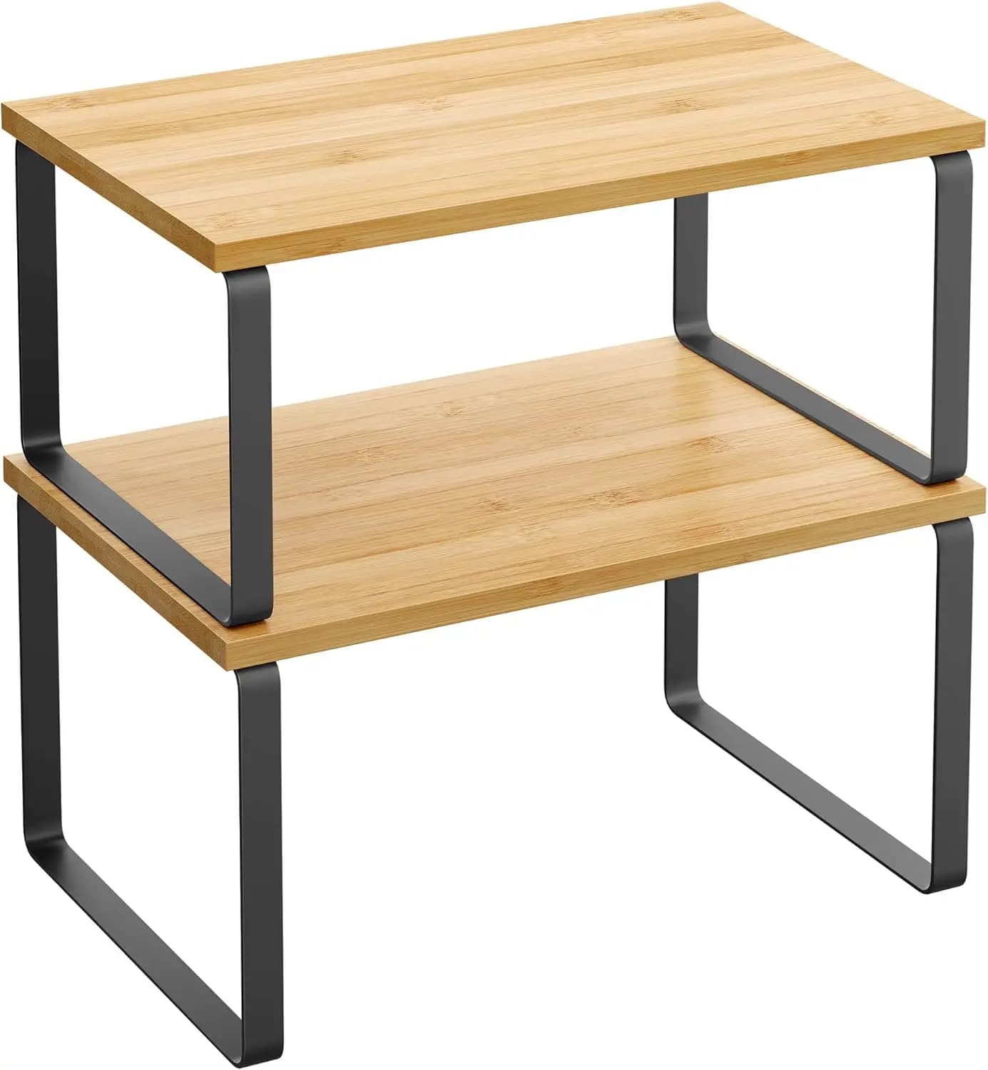 Set di 2 Mensole Impilabili da Cucina, Porta Spezie Espandibile in Metallo e Legno, Nero e Beige