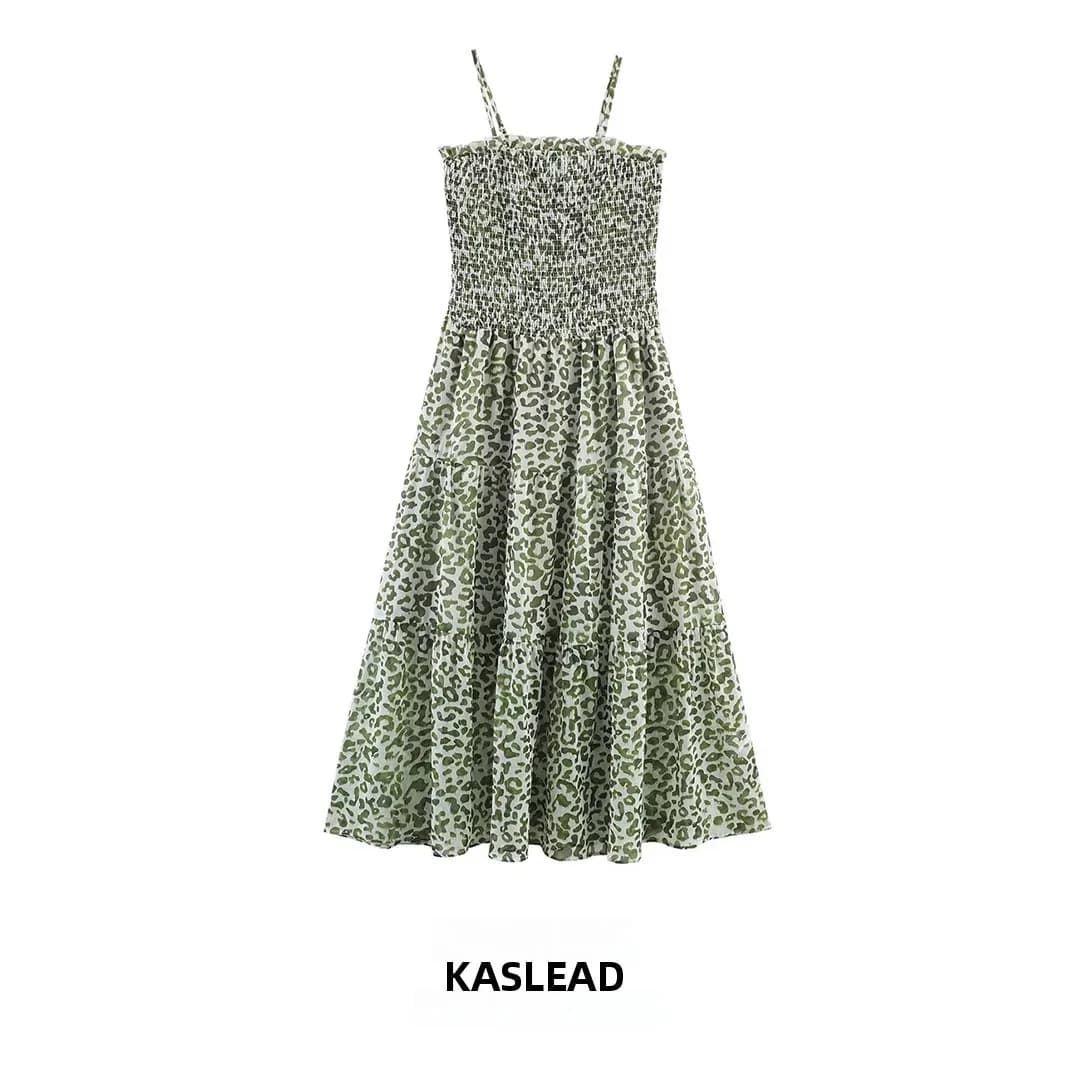 KASLEAD New Fashion Simple Leopard Print Halter Dress Women's A-Line Skirt Style Sleeveless Polyester Fiber City Commute
