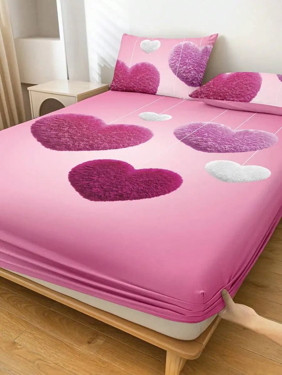 1 sheet with pink corners with 3D heart print, soft and elastic fabric, non-slip elastic edge, washing machine
