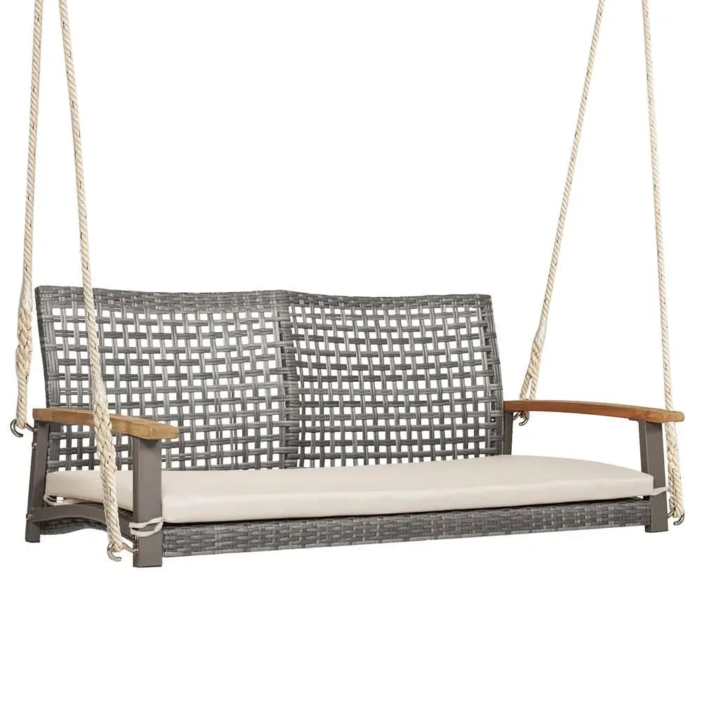 Dondolo da giardino per 2 persone, panca a dondolo da esterno in rattan con braccioli in legno di acacia e due funi da 118 cm, cuscino per seduta incluso