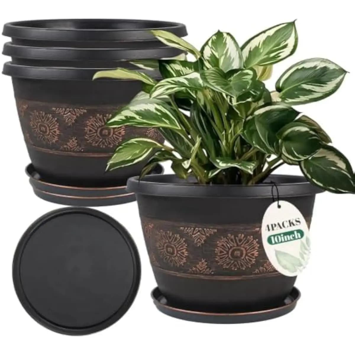 10 Inch Lightweight PP Plant Pots Set of 4 with Copper-Tone Finish Retro Texture Drainage Holes Weather Resistant Fade Proof Ind