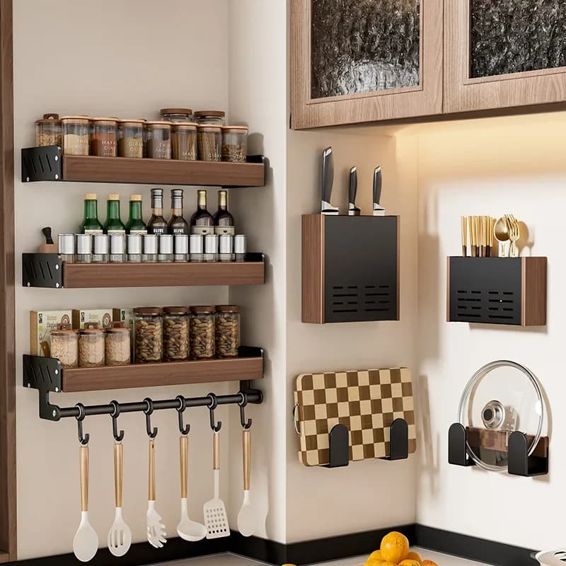Walnut Wall Mount Kitchen Spice Organizer No-Punch Knife Rack, Cutlery Rack, Hooks, Cutting Board Rack, Kitchen Shelf Set