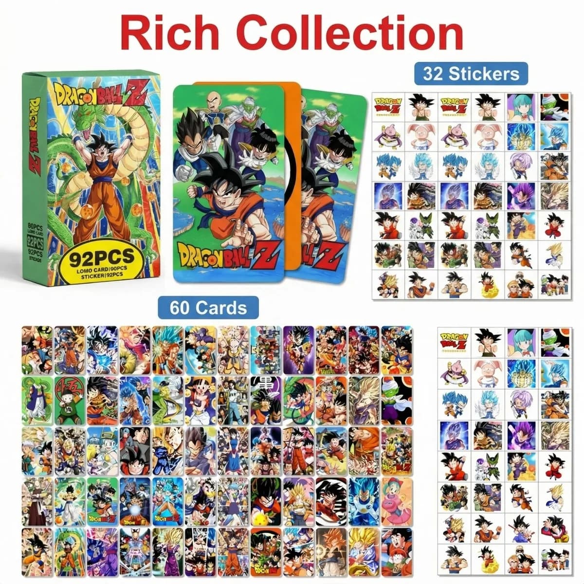 Set di 92 Carte Fotografiche Anime Super Animes, 60 Carte + 32 Adesivi, Carte Collezionabili Ultra Instinct Goku Vegeta, Regalo per Fan di DBZ