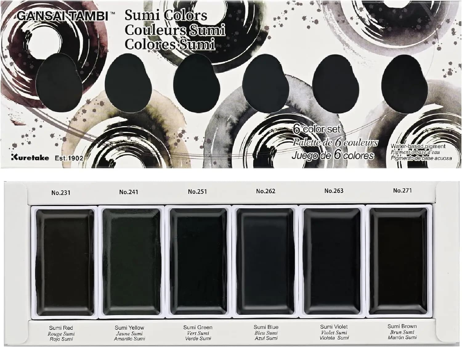Kuretake Gansai Tambi 6 Color Set-Deep Graphite -MC20GR6V SUMI 6 Color Watercolor Paint Set Ideal for Calligraphy Illustrations