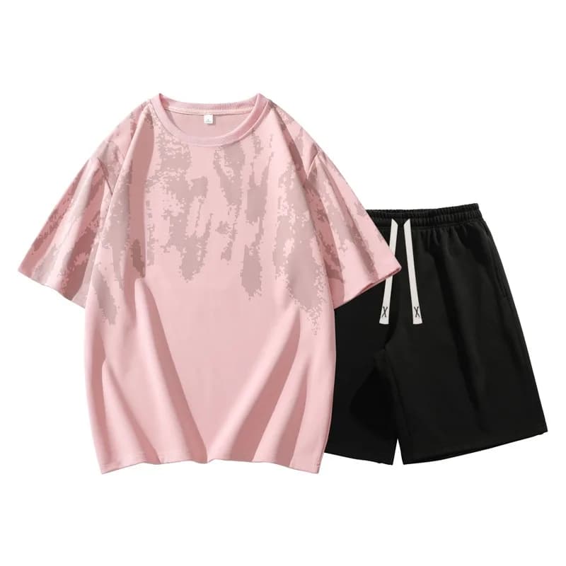 American Retro Men's Printed Sports Set Loose Casual T Shirt and Shorts 2 Piece Outfit