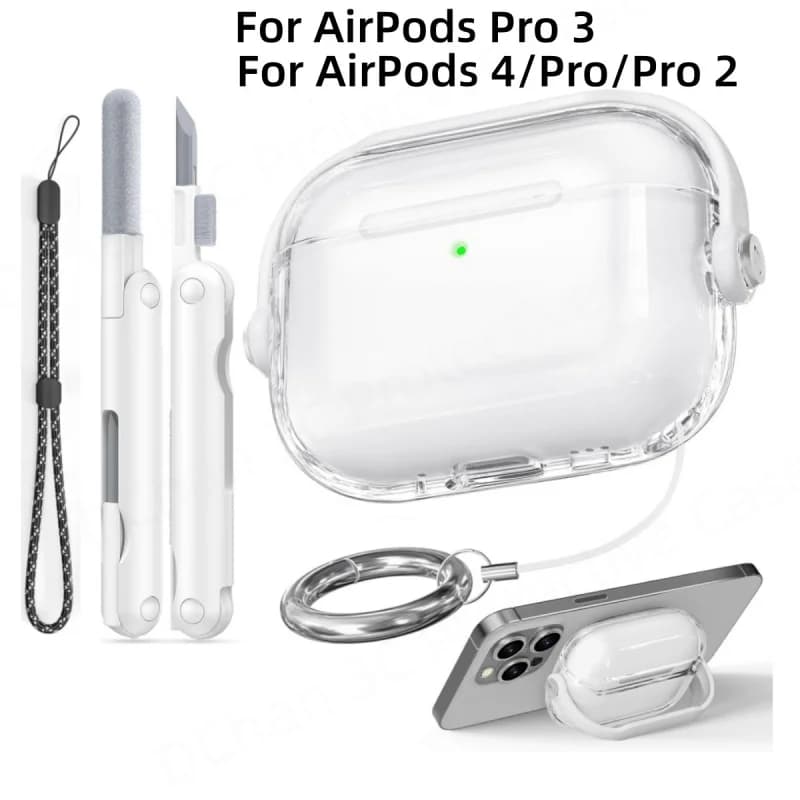 Stand Case For AirPods Pro 3 Cute Case with Lanyard Full Protective Soft Transparent TPU Skin Cover For Airpods 4 Pro Pro 2 Pro3