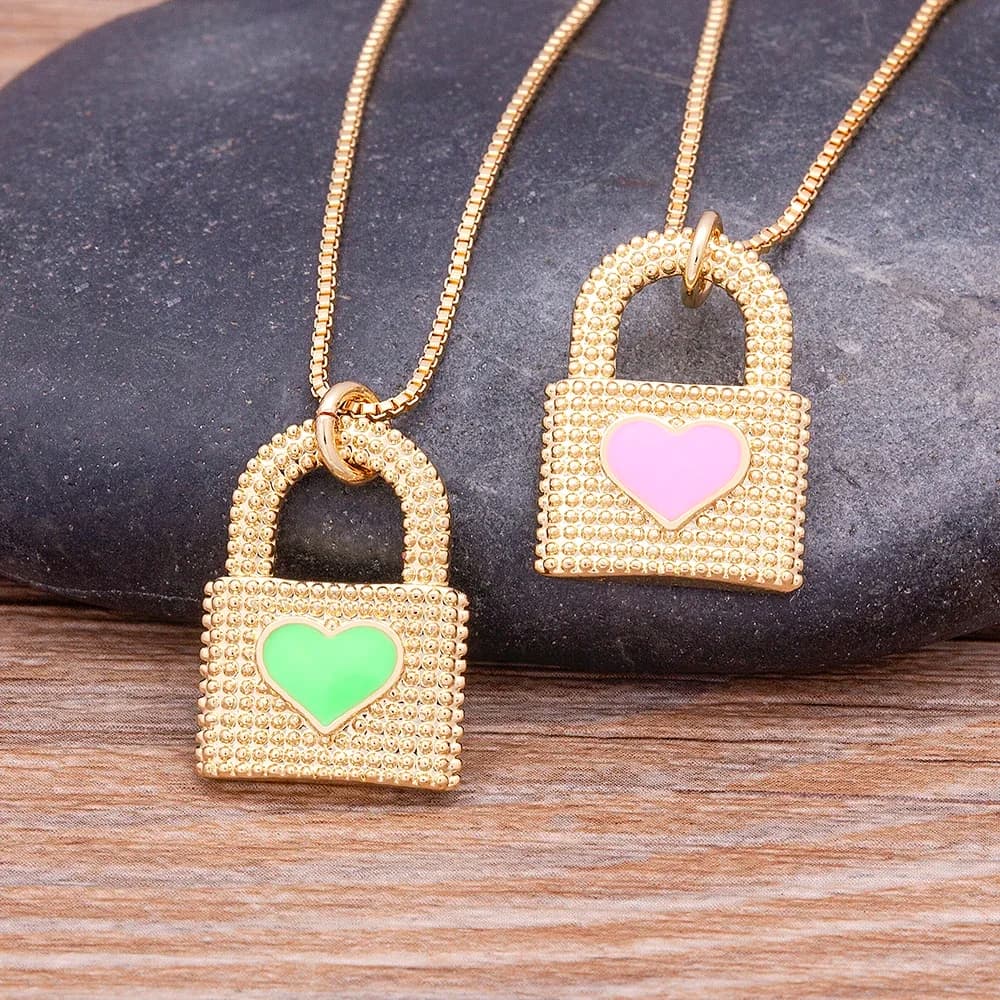 Hot Sale New Fashion Lock Pendant Women Cubic Zirconia 4 Colors Chain Necklace Original Design Jewelry Party Wedding Gift
