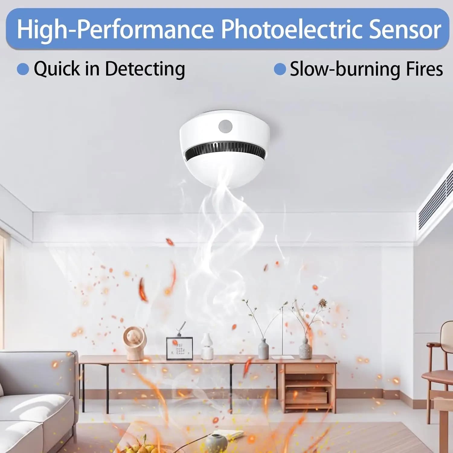 Rilevatore di fumo fotoelettrico con monitoraggio in tempo reale, installazione semplice, promemoria batteria scarica, per camera da letto/esterno/corridoio