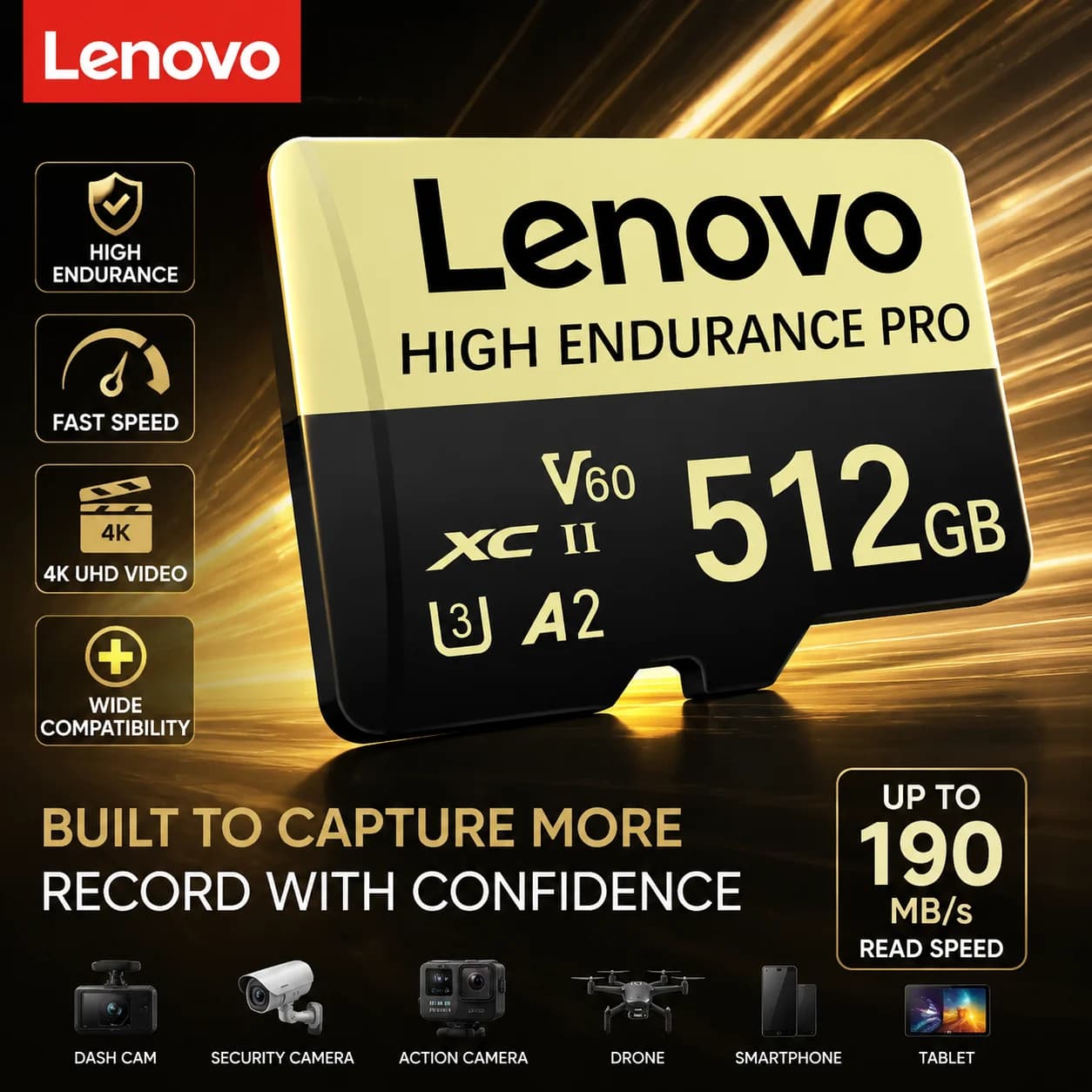 Lenovo High Speed Micro SD Card Memory Card 512GB 4K Full HD Video Compatible with Phone GoPro Action Camera 64GB 128GB 256GB
