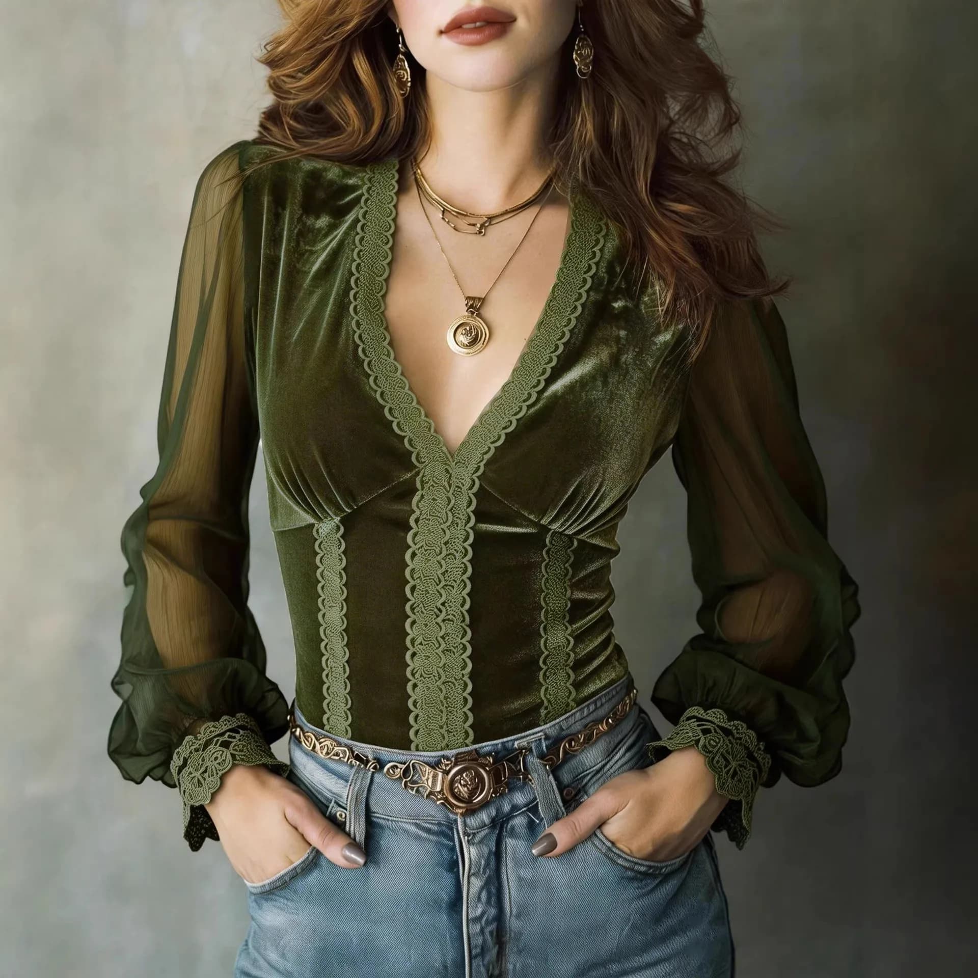 Sexy Women's Velvet Shirt with V Neck Background, Transparent Net Long Sleeves, Elegant and Chic, Top Pullover Summer 2026