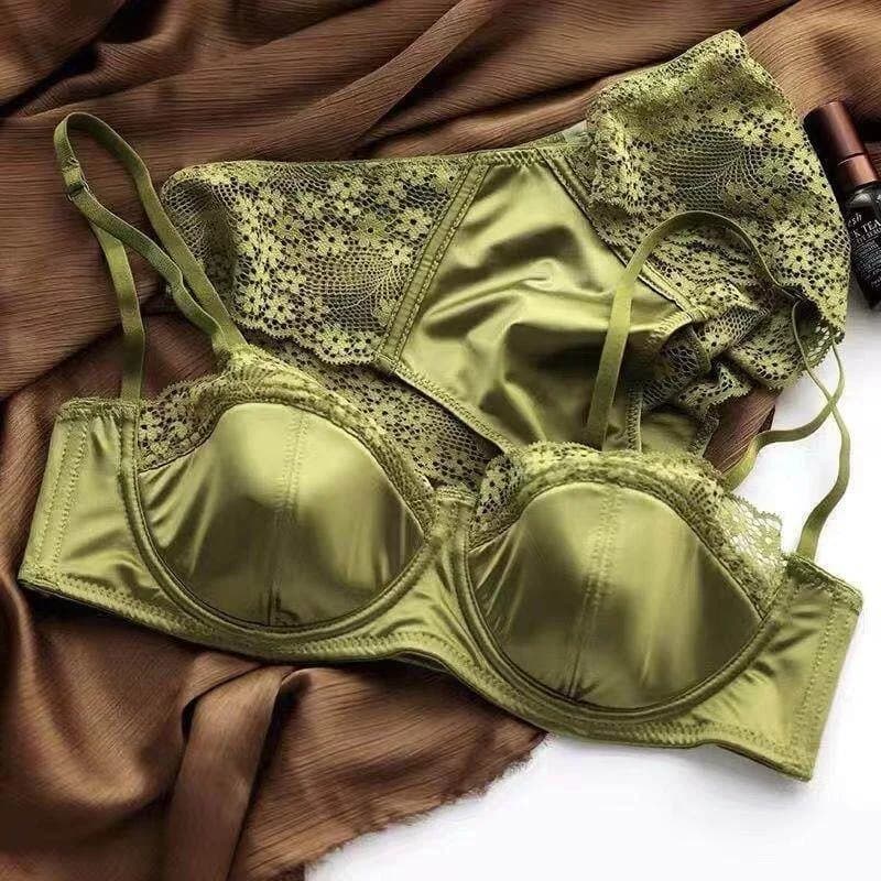 European -American sexy satin half cup comfortable upper support underwear set thin with steel ring green lace edge glossy bra