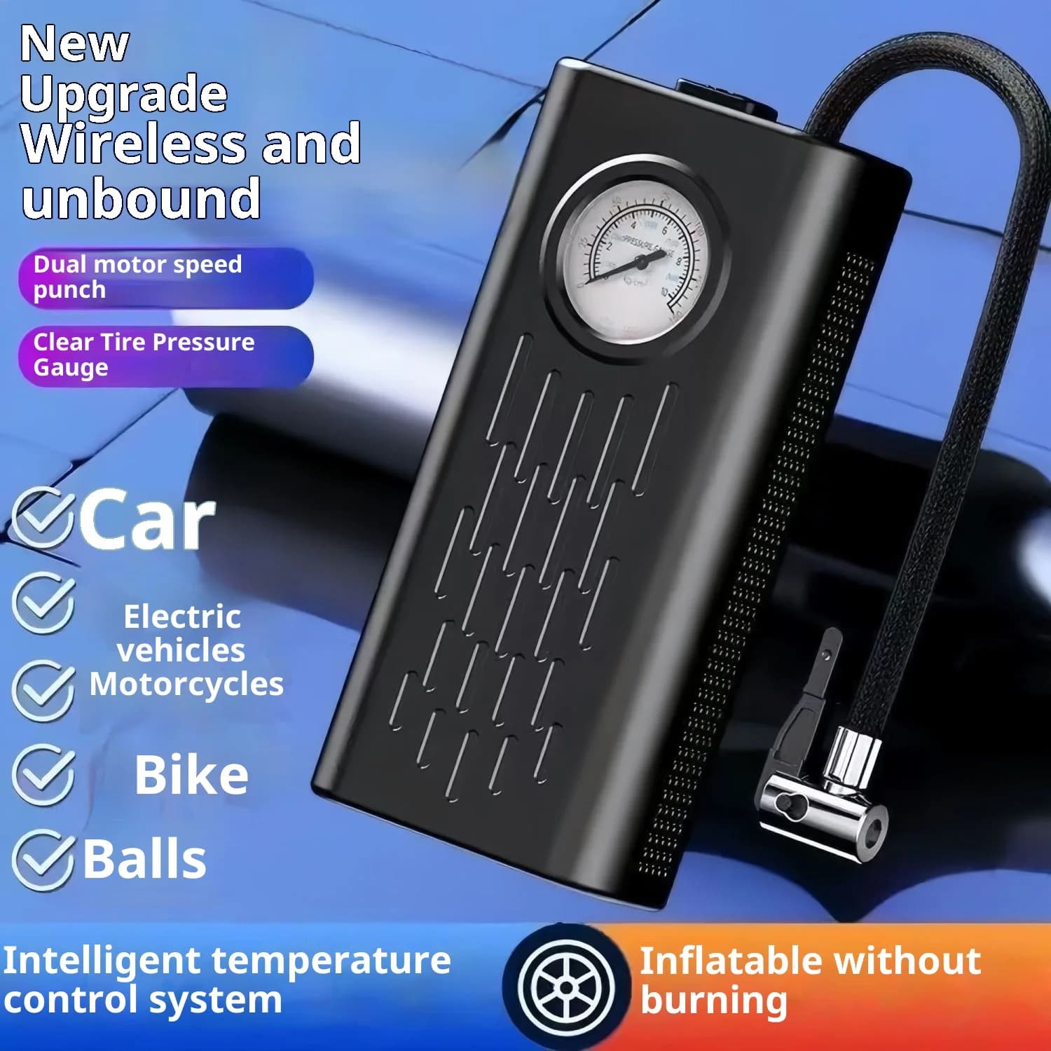 NPY Compressore d'aria elettrico Ricarica USB Gonfiatore per pneumatici per moto Pompa per bici portatile multifunzionale per moto Auto Bicicletta