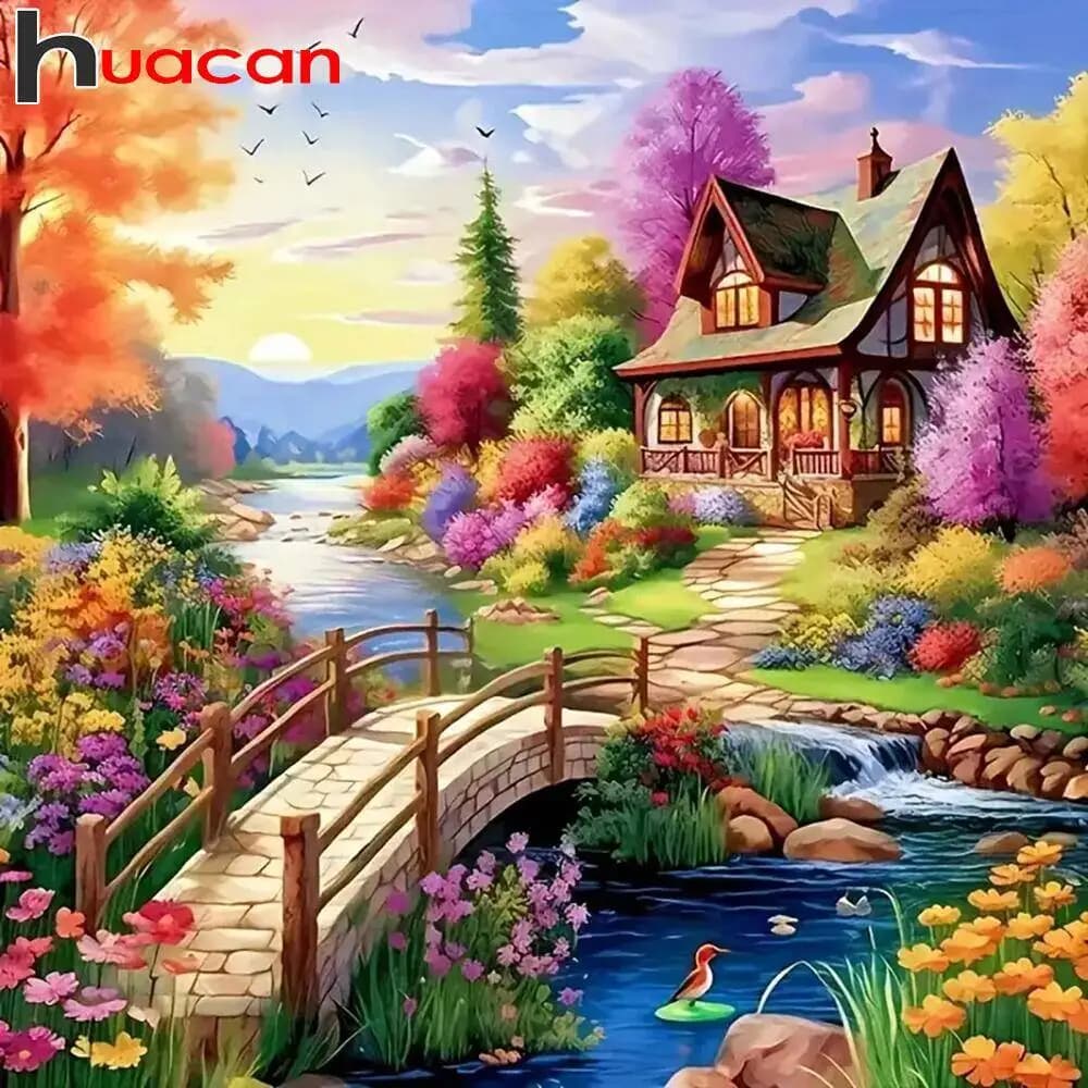 Huacan Diamond Mosaic River Landscap House 5D DIY Diamond Painting Embroidery Kits Cross Stitch Creative Hobbies House Decor