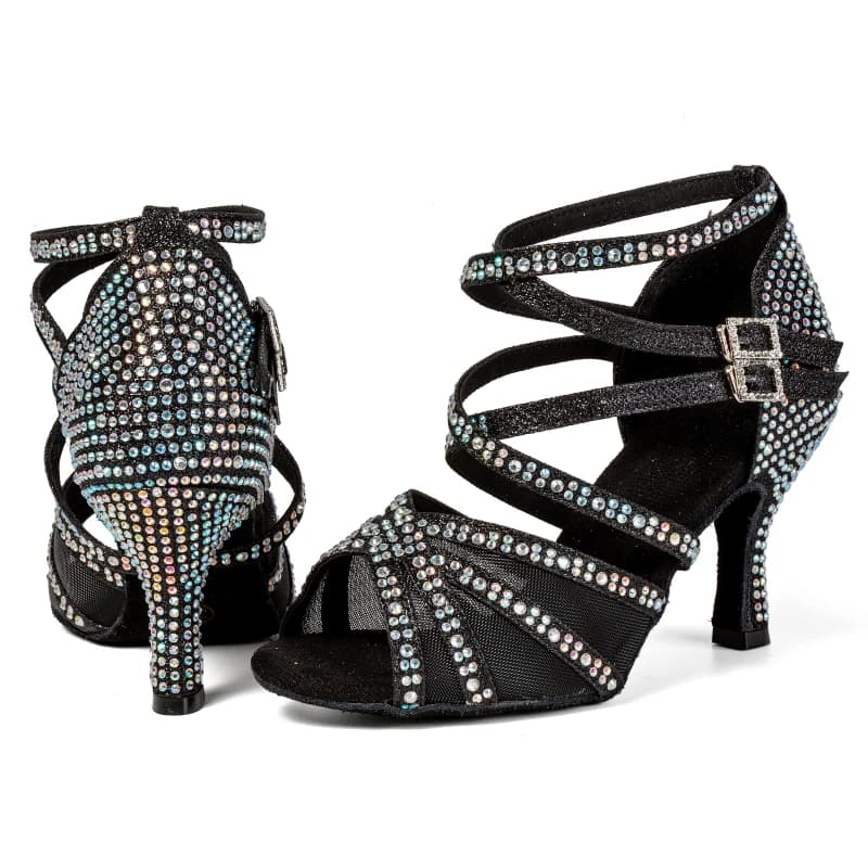 Scarpe da ballo latino professionali per partecipare in competizioni e spettacoli. Sandali neri da donna con suola morbida e diamante