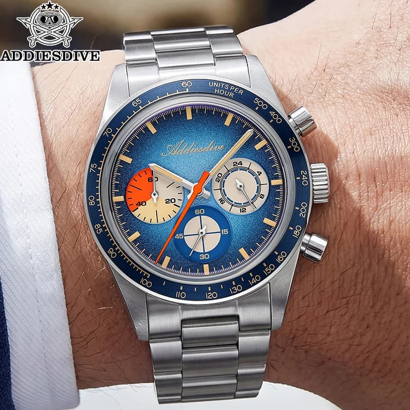 ADDIESDIVE Orologio da Uomo Classico di Alta Gamma 37mm, Vetro a Cupola K1, Ghiera in Alluminio, Impermeabile 100m, Cronografo Luminoso, Nuovo
