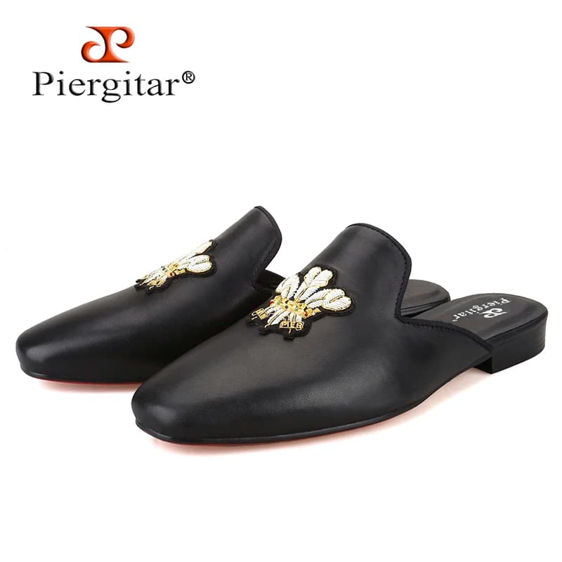 Piergitar Summer New Style Black Genuine Leather Men's Mules With Handmade Customized Patterns Patch Slip-On Slippers Red Sole