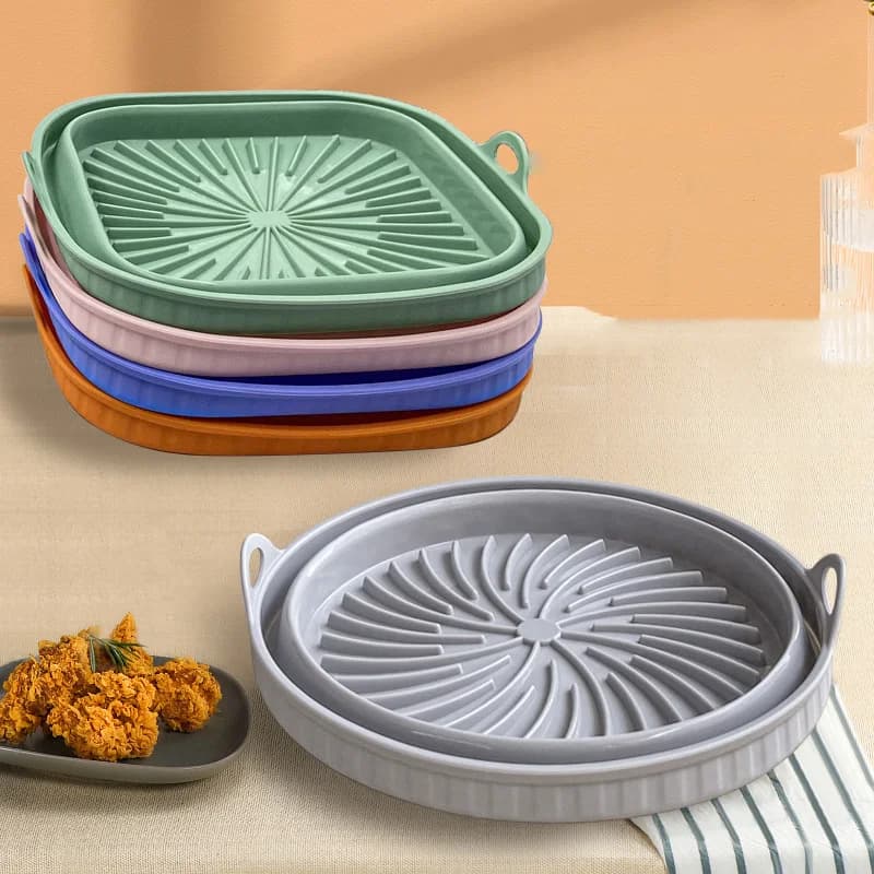 Silicone basket for kitchen air fryer, foldable, round, square, mold, oven plates, tray, pizza, fried chicken, reusable basket, pan lining