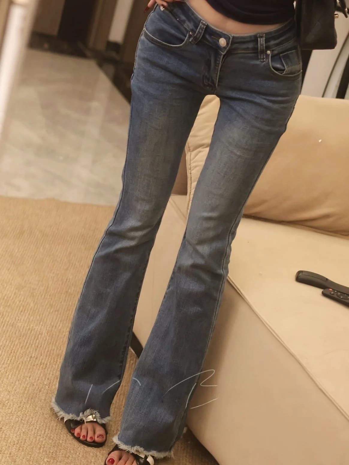 Low Waist Flared Jeans Women's Slimming Cotton Stretch Denim Bootcut Pants Korean Style Small Size Versatile Hemmed Denim