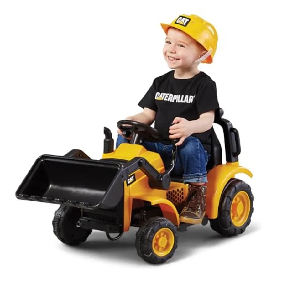 Giocattolo Cavalcabile CAT 6V per Bambini 18-36 Mesi, Blu in Plastica con Casco, Facile Avvio a Pulsante e Leva di Sollevamento del Braccio