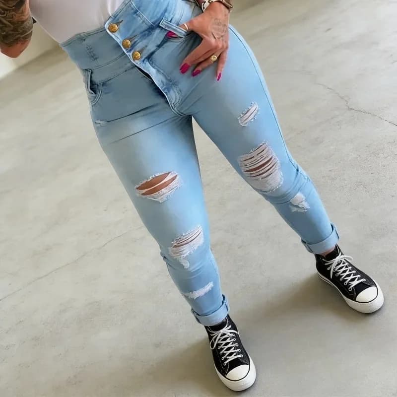 Women's High Life Jeans with Piercing for a Touch, Spring and Autumn Look, by Grand Fashion, for Daily Use and Casual
