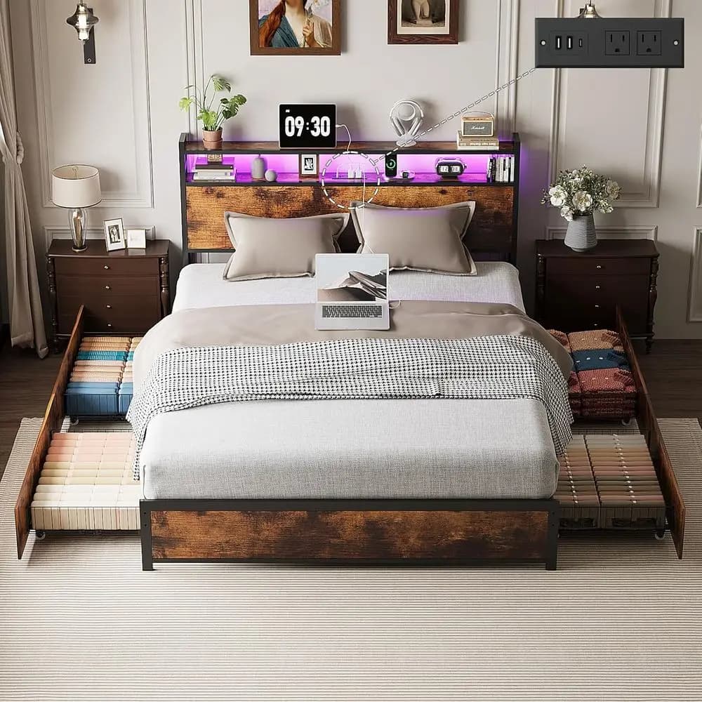 Letto con piattaforma in metallo marrone vintage con 4 cassetti portaoggetti, stazione di ricarica e luci LED RGB, non necessita di rete a doghe, facile da montare