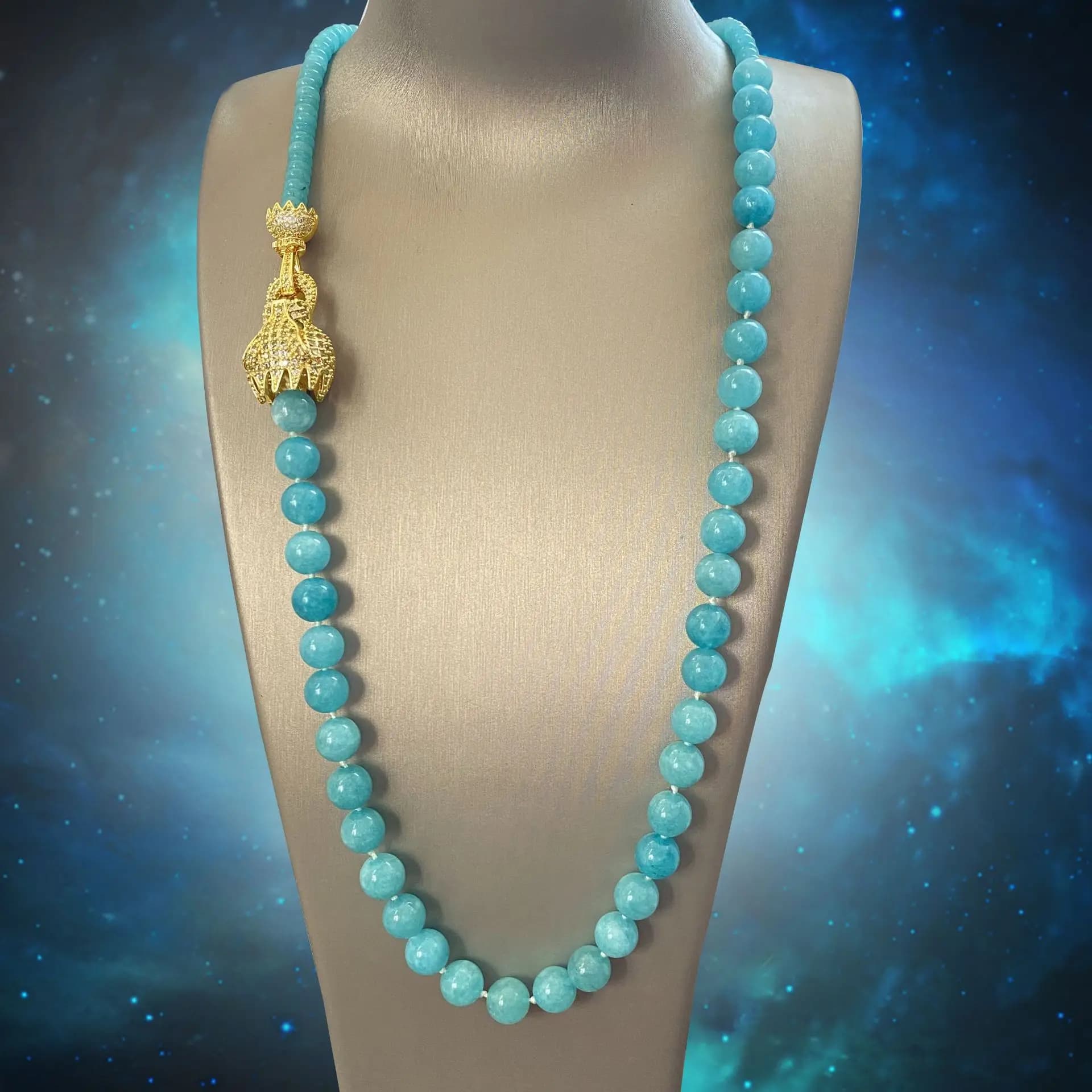 Collana acquamarina catena maglione lega zircone serratura rubinetto per le donne gioielli di moda perline di pietra blu naturale collare lungo girocollo