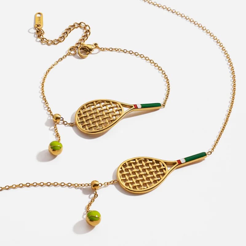 Jewels with stainless steel bracelet with tennis racket pendant with colored stainless steel drop Style18KGold