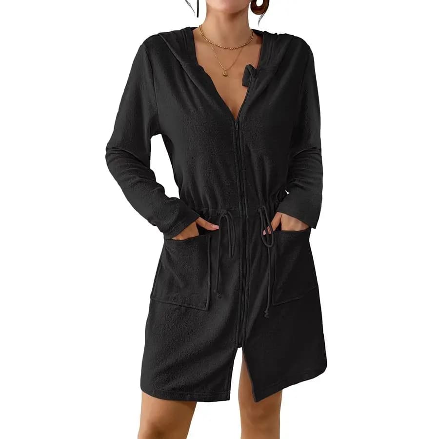 Women's Cover with Zip, Long Sleeves, Bathrobe with Hood and Pockets