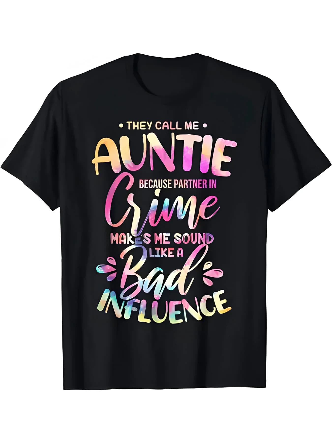 T-shirt divertente da uomo con slogan 'Auntie Partner Crime' - Maglietta oversize in puro cotone nera con stampa di lettere greche rosa e oro