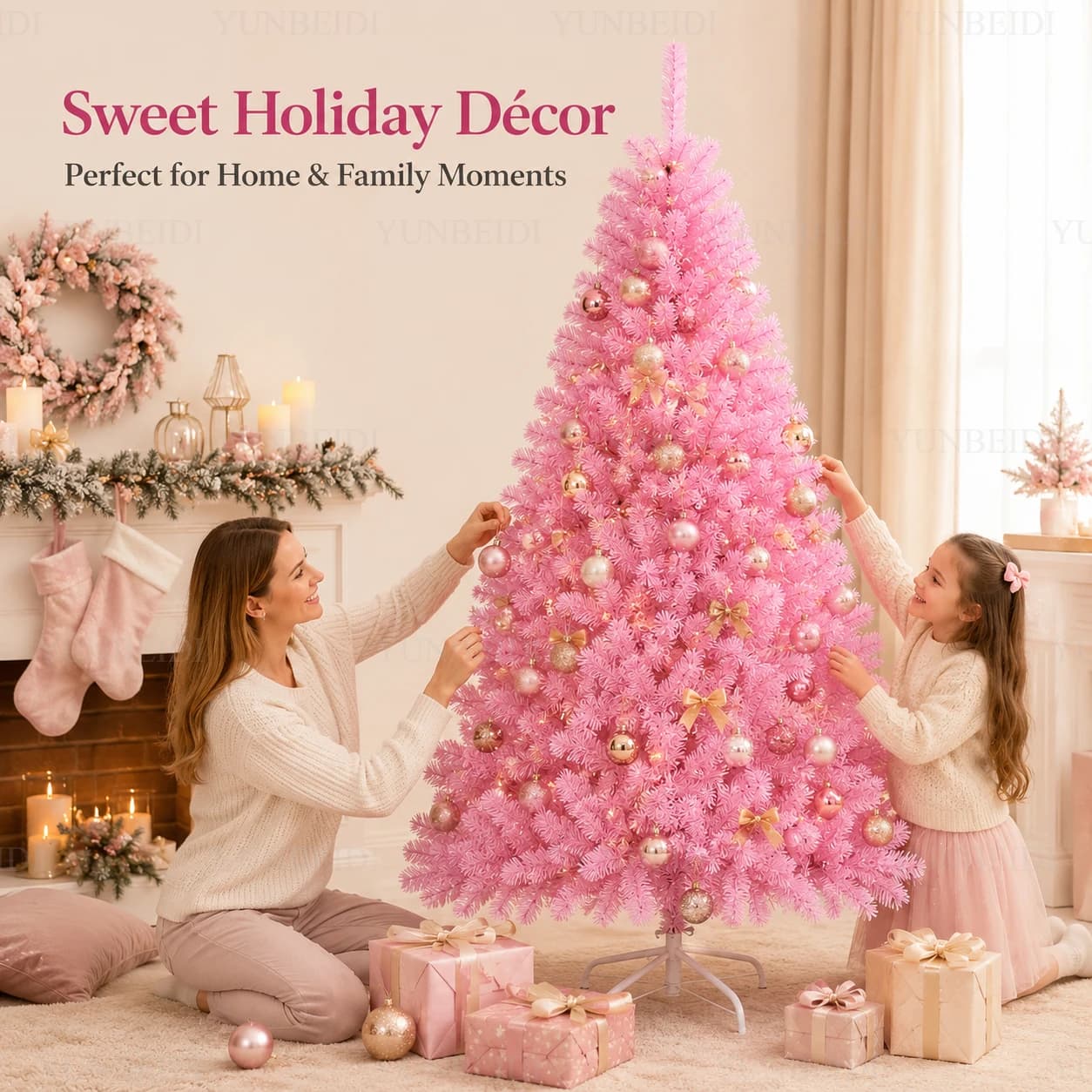 Pink Artificial Christmas Tree PVC Encryption with LED Lights Large Christmas Tree 1.2M to 2.1M Home Christmas Party Decorations