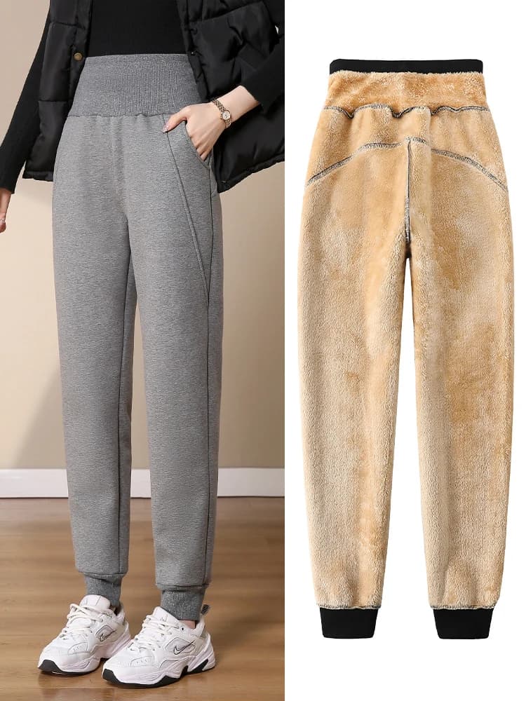 Pantaloni da donna caldi invernali spessi pantaloni in cashmere di pelle di agnello a vita alta pantaloni lunghi Harem neri pantaloni resistenti al freddo di lana PELEDRESSS