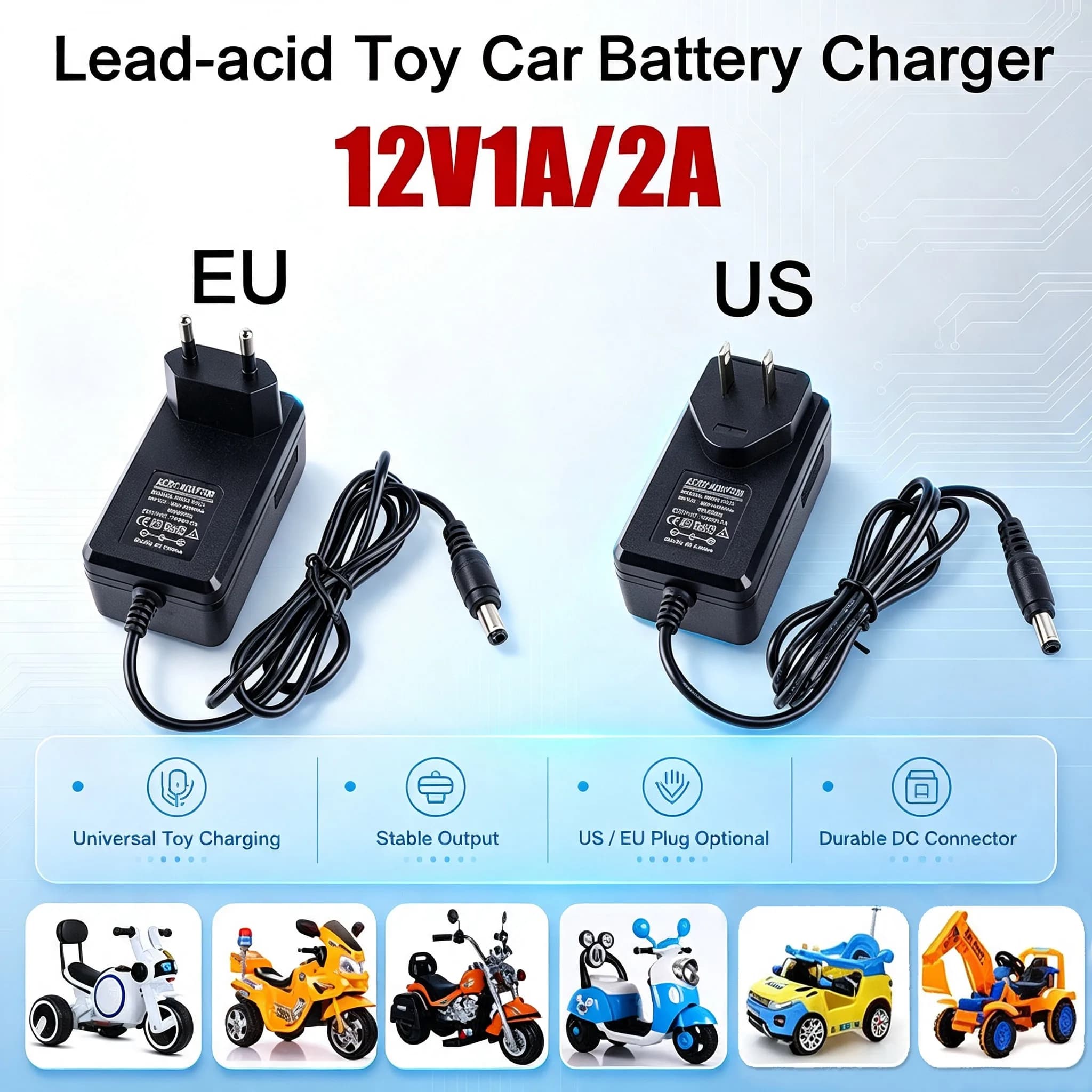 For Children's Car Lithium Battery 12V1A 2A Charger AC/DC 12V Lead-acid Battery Charger 2A US/EU Plug Power Adapter