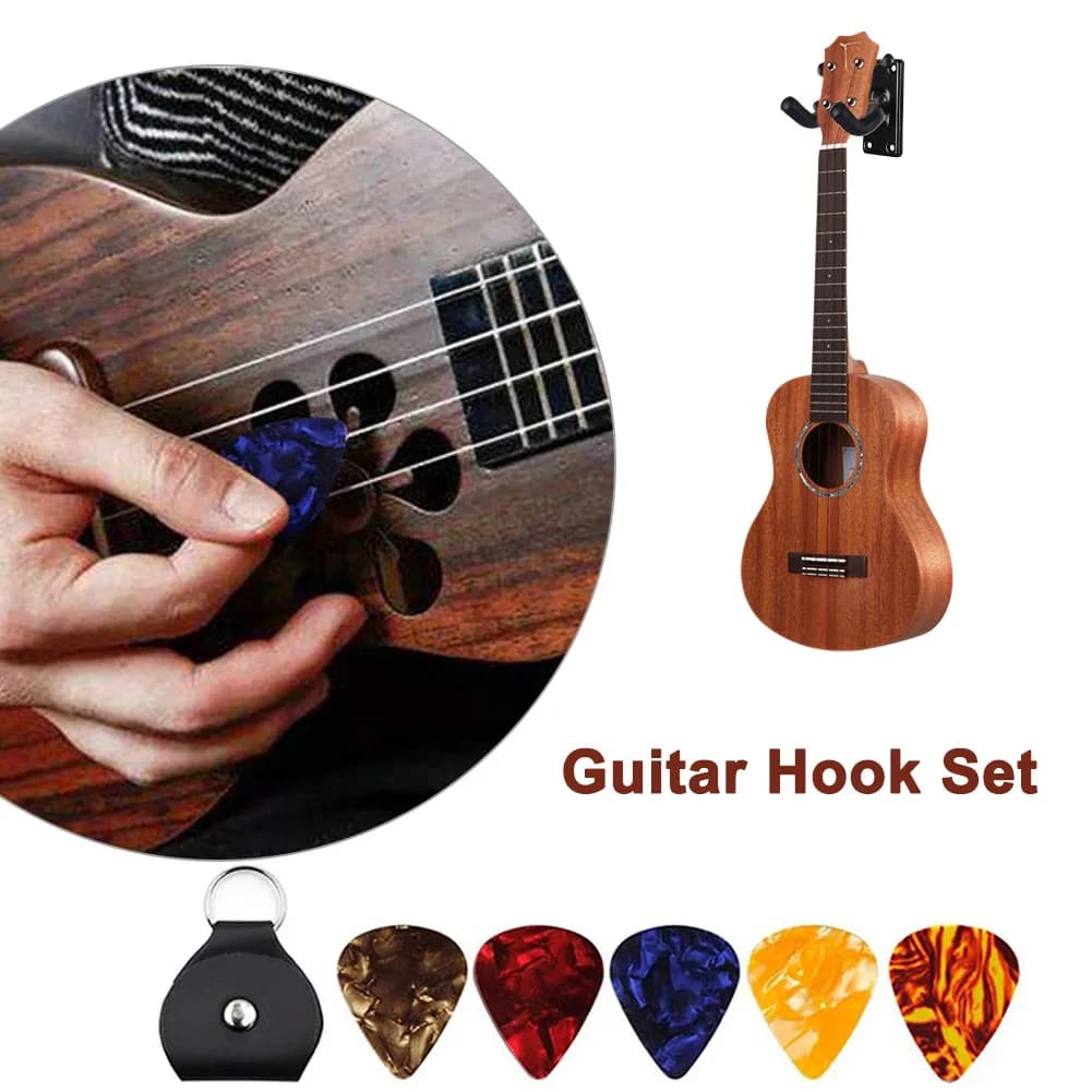 Supporto da Parete per Chitarra con 5 Plettri e 1 Custodia per Plettri, Gancio da Parete per Esposizione di Chitarre Acustiche, Elettriche, Bassi e Ukulele