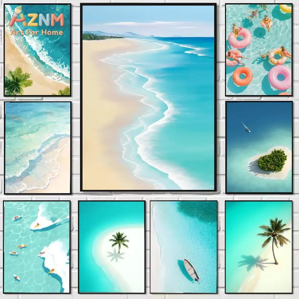 AZNM Tropical Beach Ocean Canvas Wall Art Summer Turquoise Sea Palm Tree Swim Ring Landscape Art Print Coastal Home Decor Poster