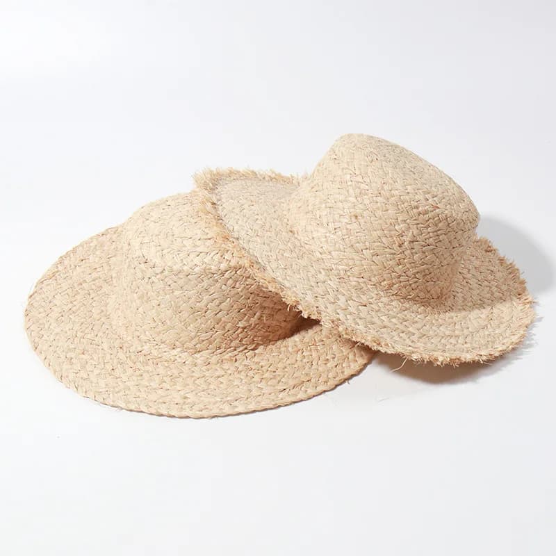 European Hand Woven Rafia Straw Hat for Women, Natural Grass Flat Top Sun Cap, Beach Sun Protection Hat