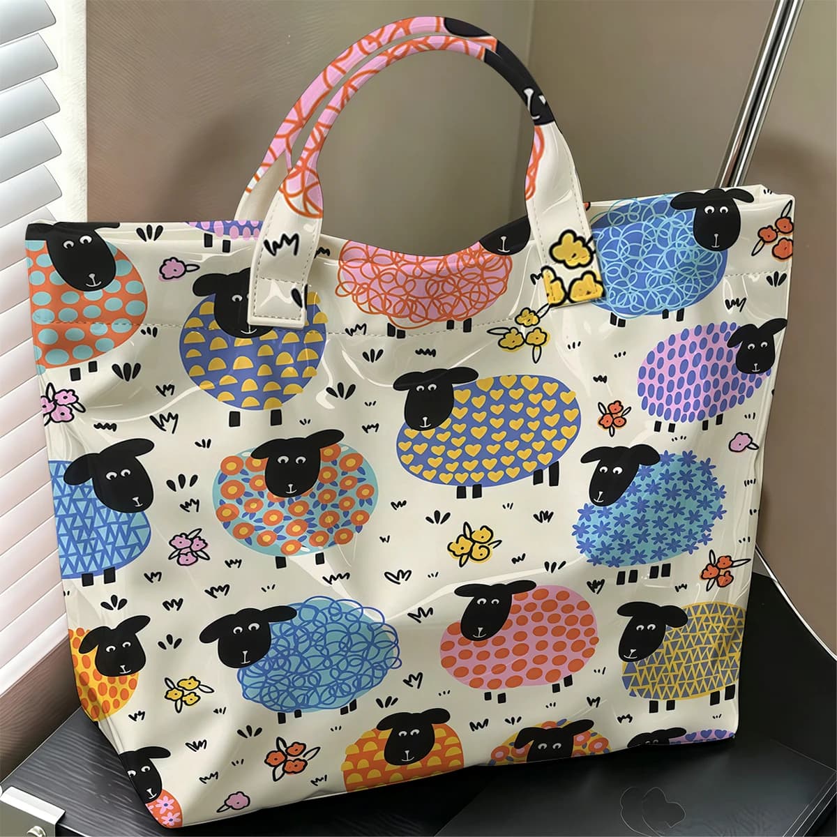 Colorful Cartoon Sheep Hot Sale Large Glossy PVC Tote Bag Hand Washable Waterproof for Travel Commute Makeup Storage Handbags